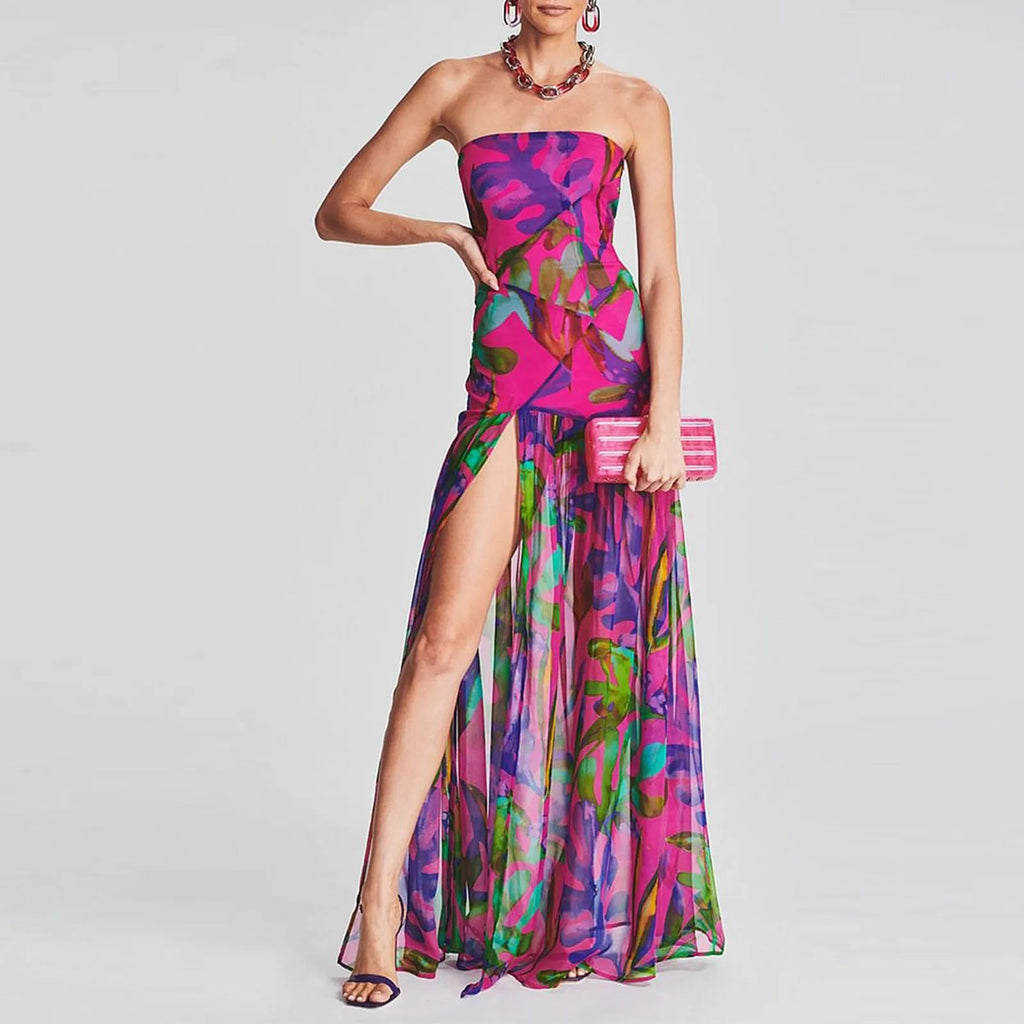 Tube Top Strapless Backless Mesh Patchwork Maxi Dress
