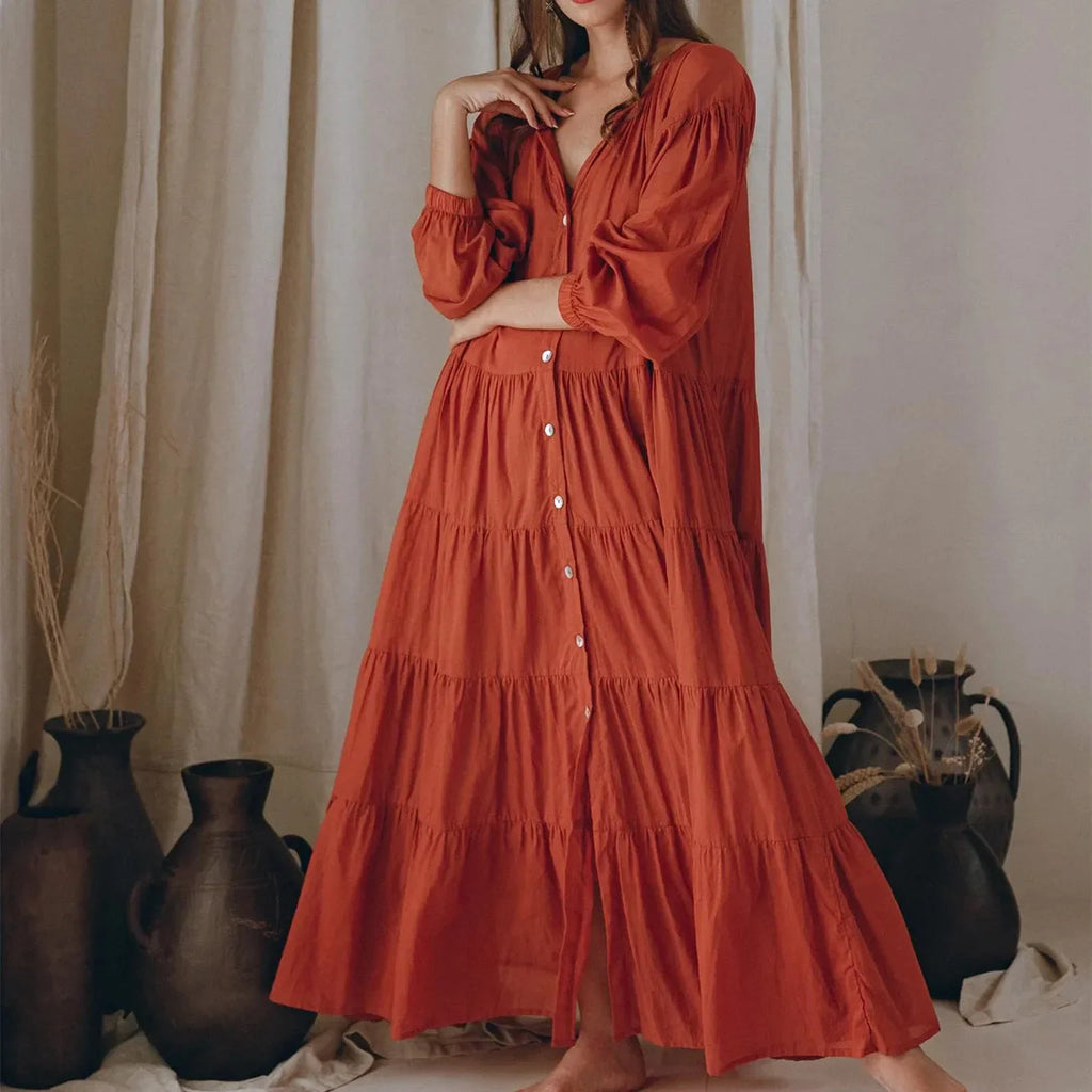 Puff Sleeve Ruffle Pleated Swing Beach Maxi Dress