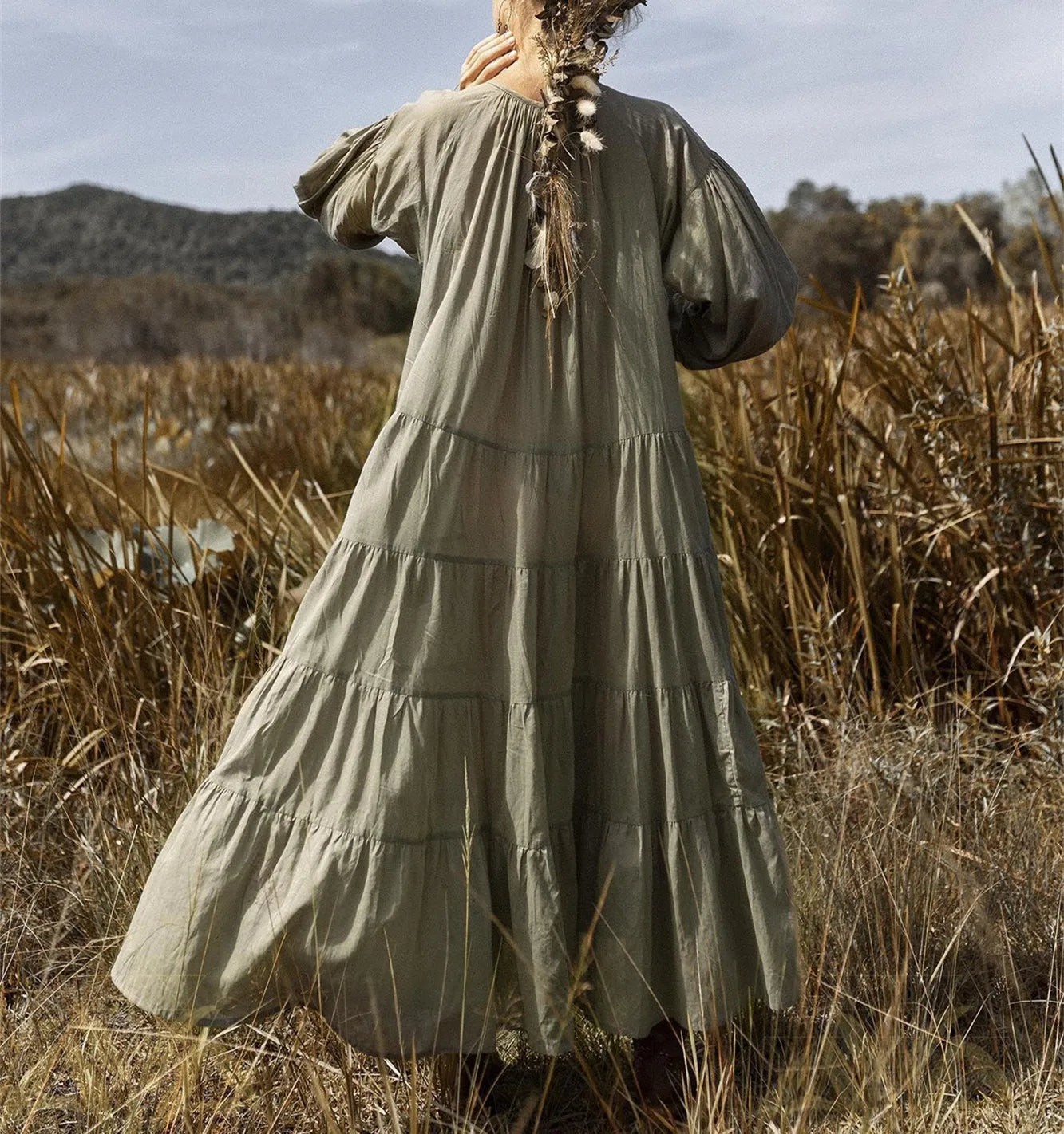 Puff Sleeve Ruffle Tiered Beach Midi Dress