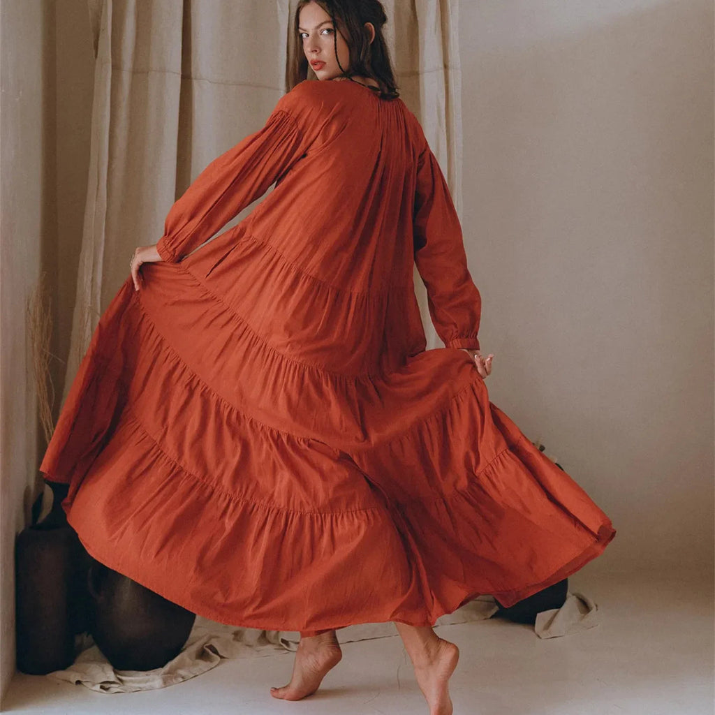 Puff Sleeve Ruffle Pleated Swing Beach Maxi Dress