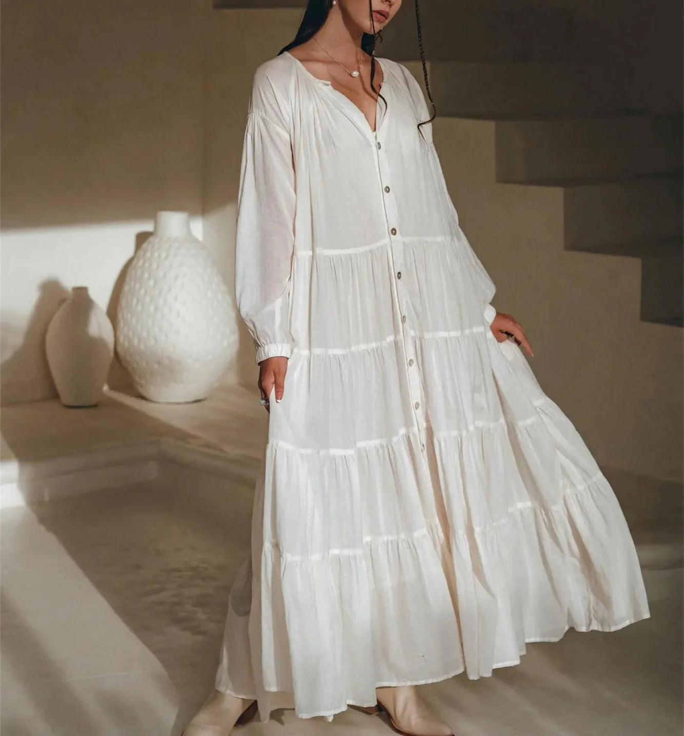 Puff Sleeve Ruffle Pleated Swing Beach Maxi Dress