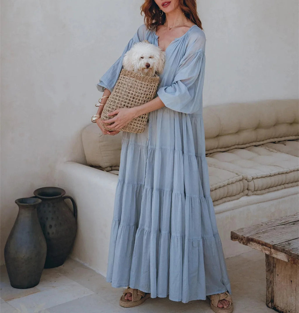 Puff Sleeve Ruffle Tiered Beach Midi Dress