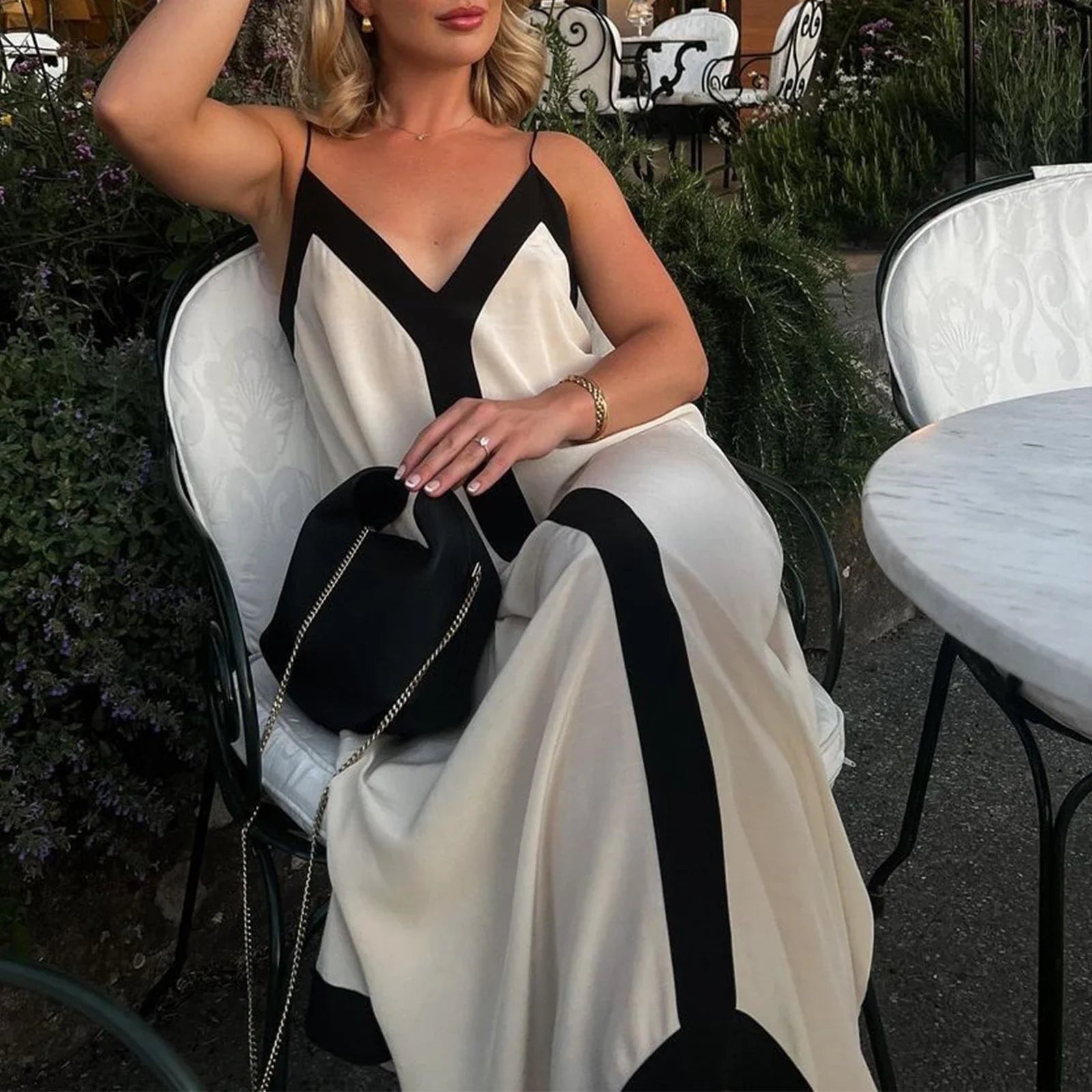 Spaghetti Strap Patchwork Low Back Ruffle Maxi Dress