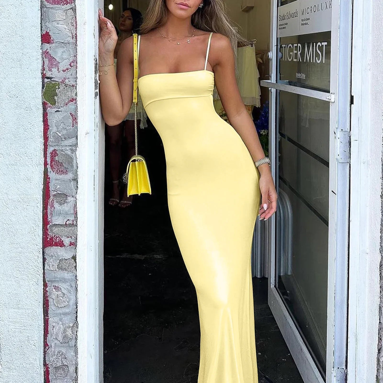 Fit Square Neck Adjustable Spaghetti Strap Maxi Dress