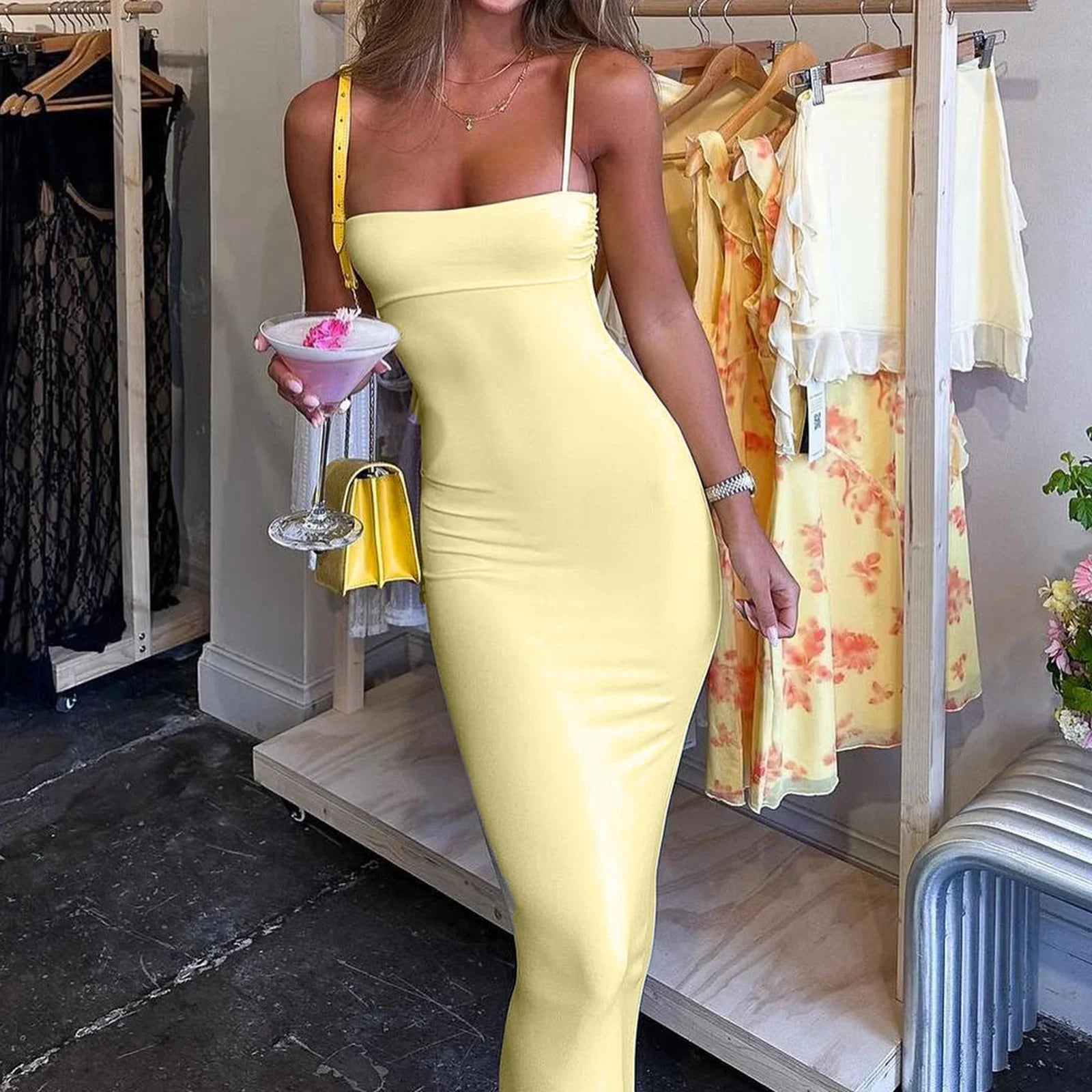 Fit Square Neck Adjustable Spaghetti Strap Maxi Dress