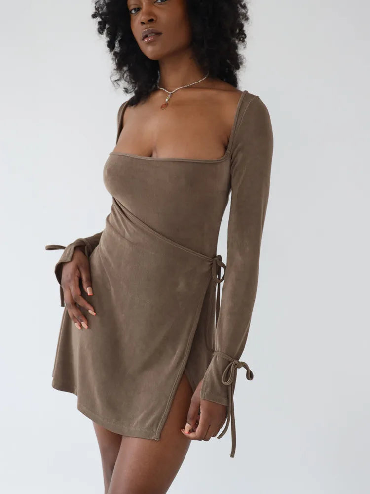 Square Neck Split Backless Elegant Mini Dress
