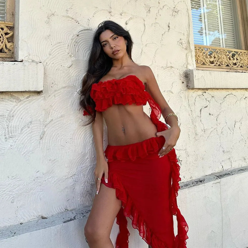 Ruffle Trim Mesh See Through Beach Mini Dress