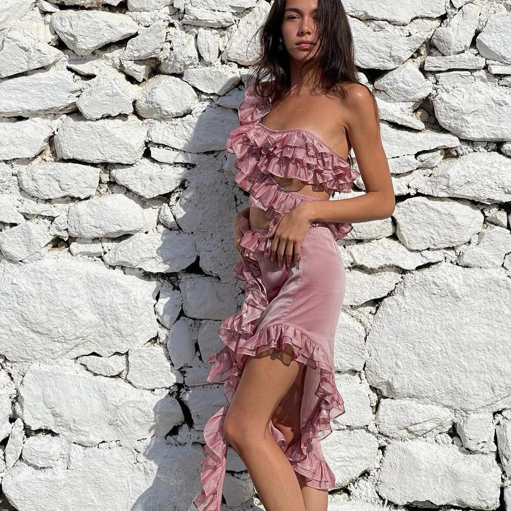 Ruffle Trim Mesh Cutout Beach Midi Dress