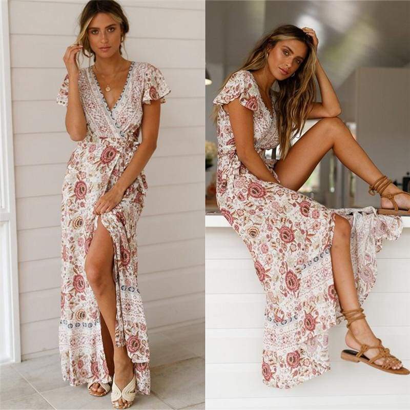 Floral Print Open Back Maxi Dress