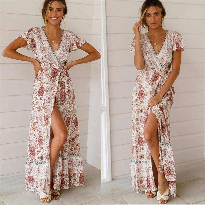 Floral Print Open Back Maxi Dress