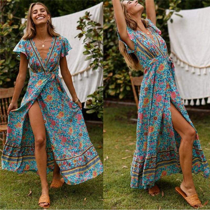 Floral Print Open Back Maxi Dress