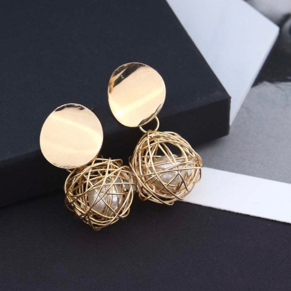 Caged Pearl Disc Dangle Earring
