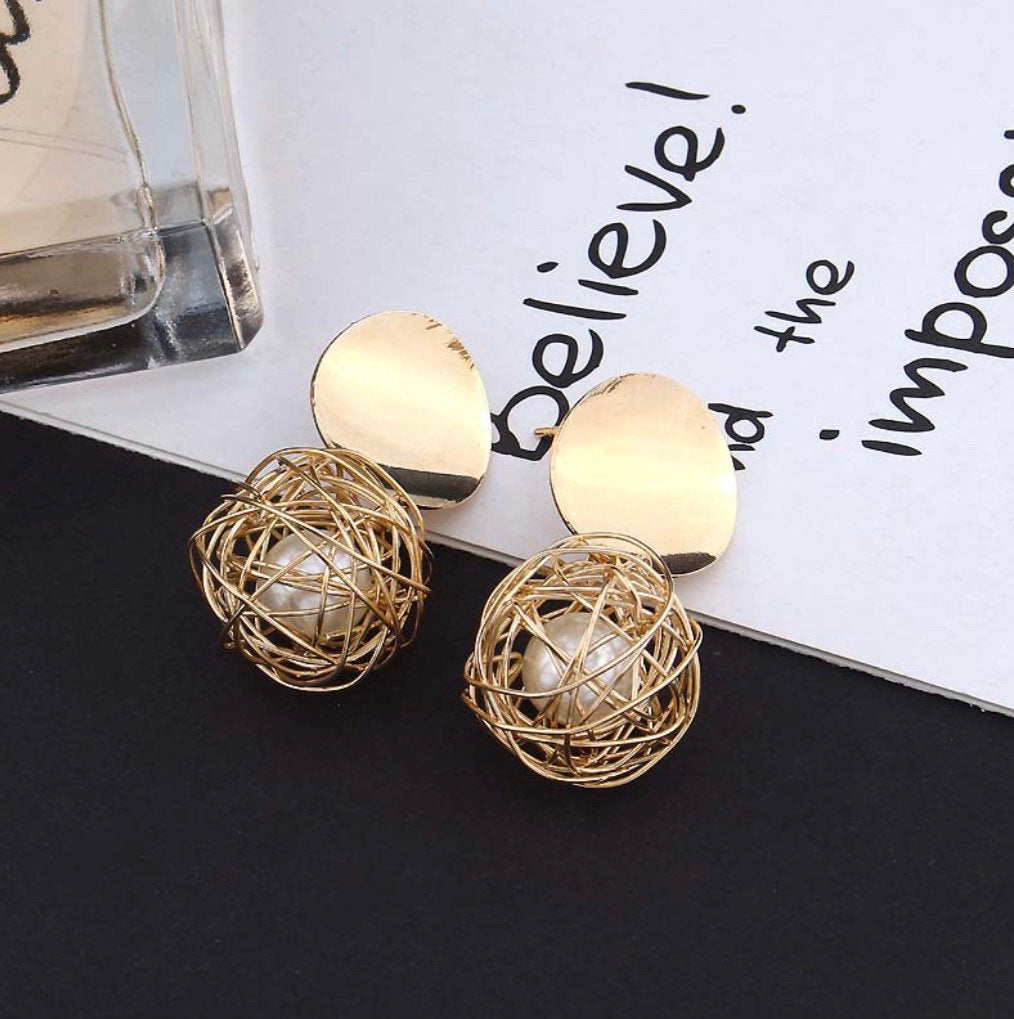 Caged Pearl Disc Dangle Earring