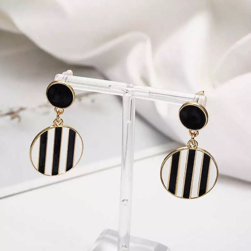 Black White Striped Dangle Earring