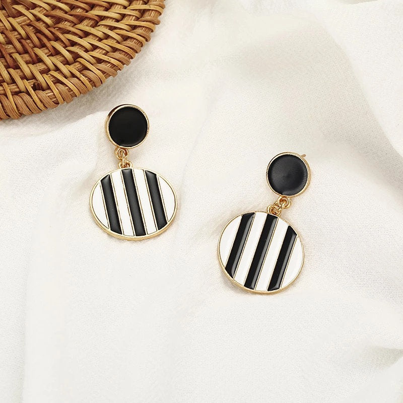 Black White Striped Dangle Earring