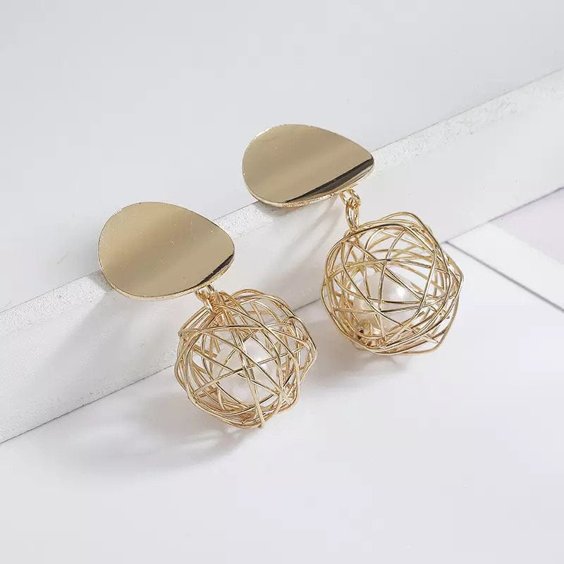 Caged Pearl Disc Dangle Earring