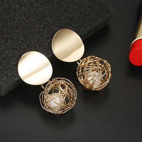 Caged Pearl Disc Dangle Earring