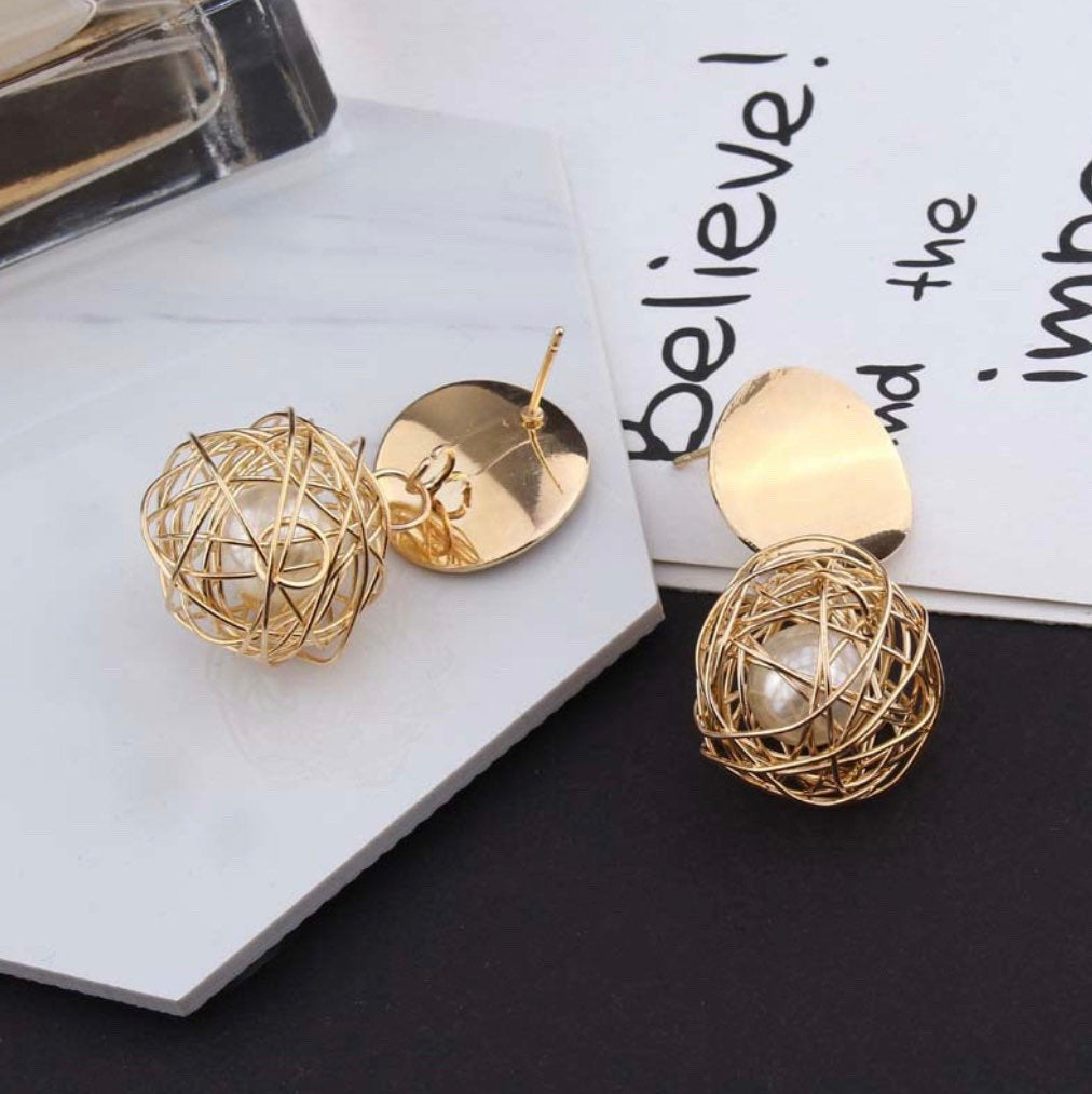 Caged Pearl Disc Dangle Earring