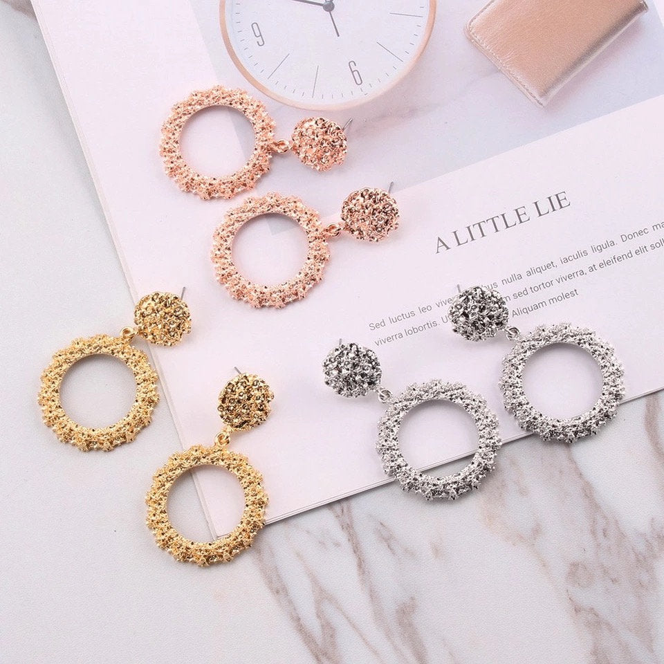 Textured Hoop Stud Metal Earring
