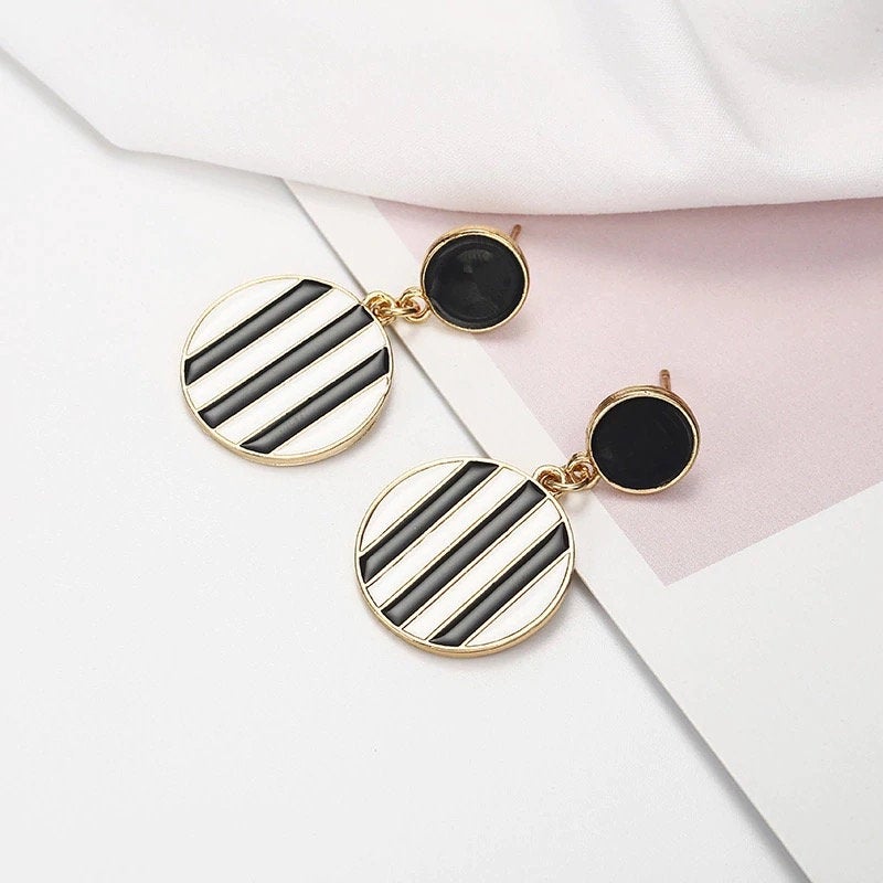 Black White Striped Dangle Earring