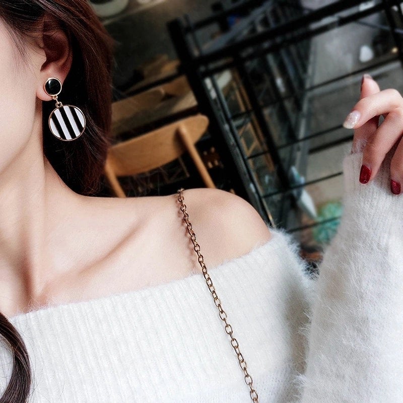 Black White Striped Dangle Earring