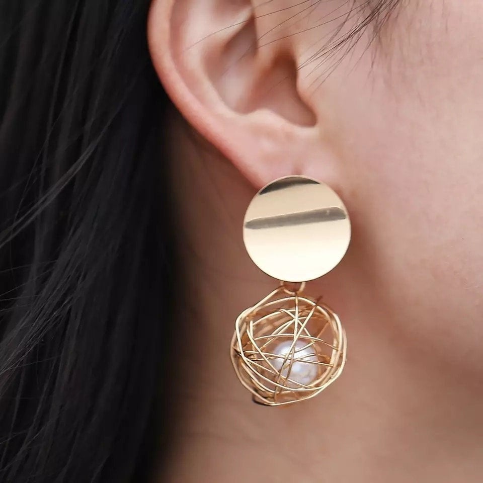 Caged Pearl Disc Dangle Earring