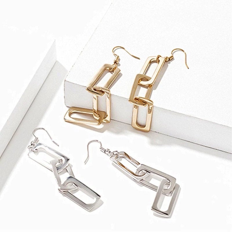 Rectangle Link Chain Silver Earring