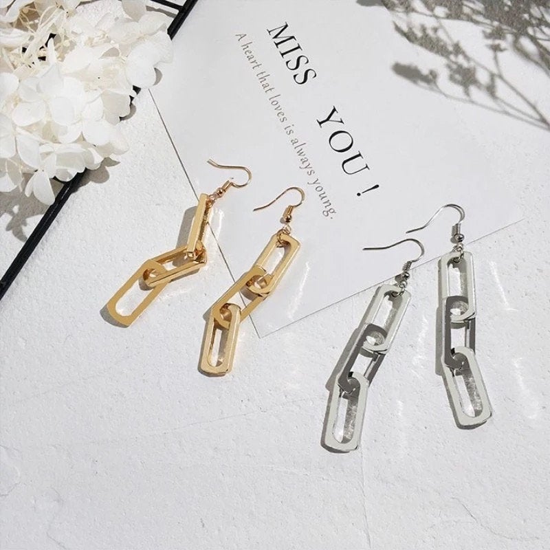 Rectangle Link Chain Silver Earring