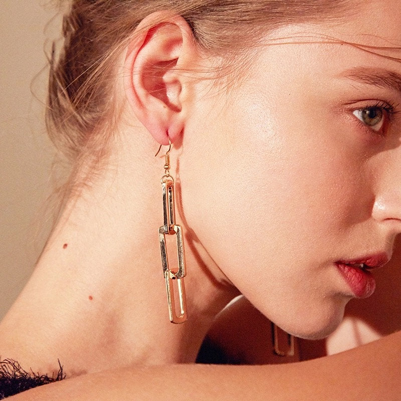 Rectangle Link Chain Silver Earring
