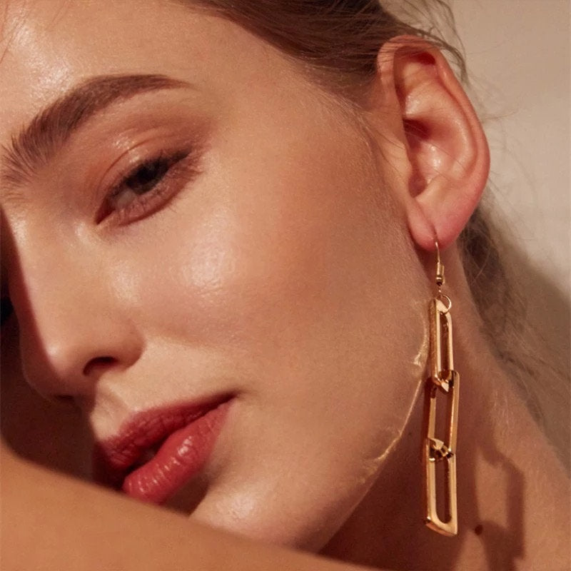 Rectangle Link Chain Silver Earring