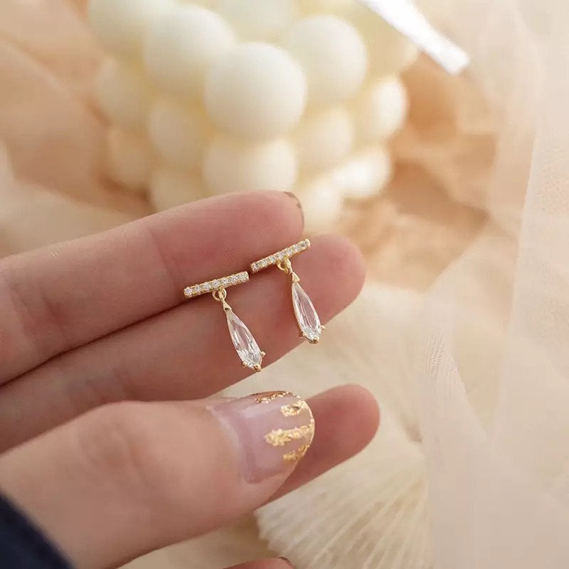 Tiny Crystal Bar Teardrop Earring