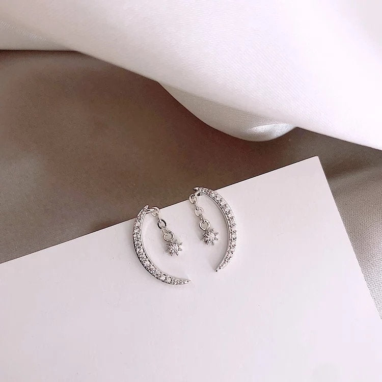 Crescent Moon Star Crystal Earring