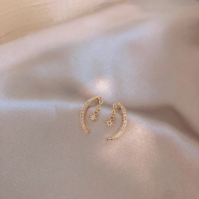 Crescent Moon Star Crystal Earring