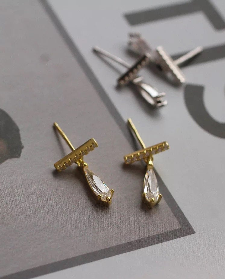 Tiny Crystal Bar Teardrop Earring
