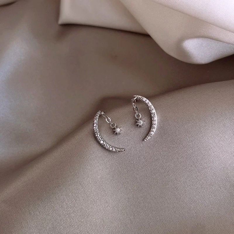 Crescent Moon Star Crystal Earring
