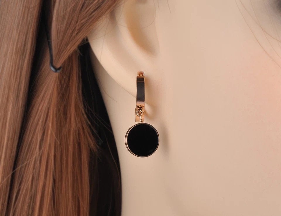 Black White Huggie Charm Earring