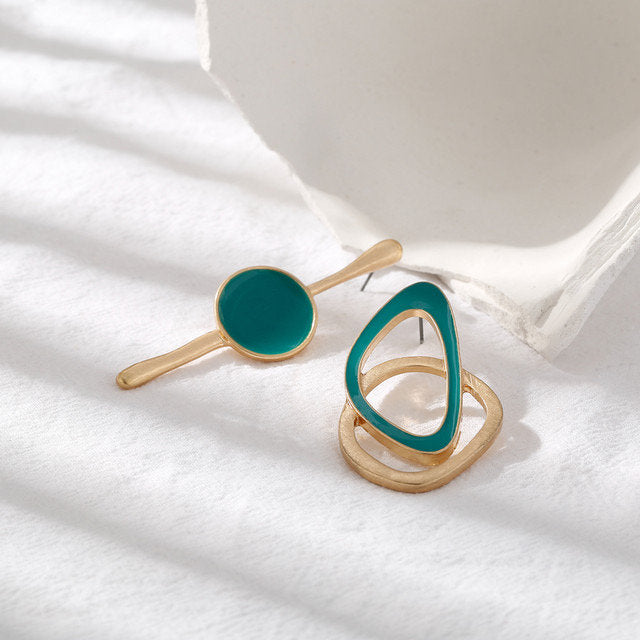 Mismatched Asymmetrical Gold Green Earring