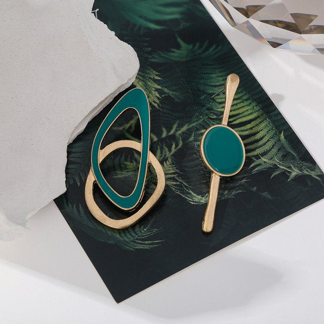 Mismatched Asymmetrical Gold Green Earring