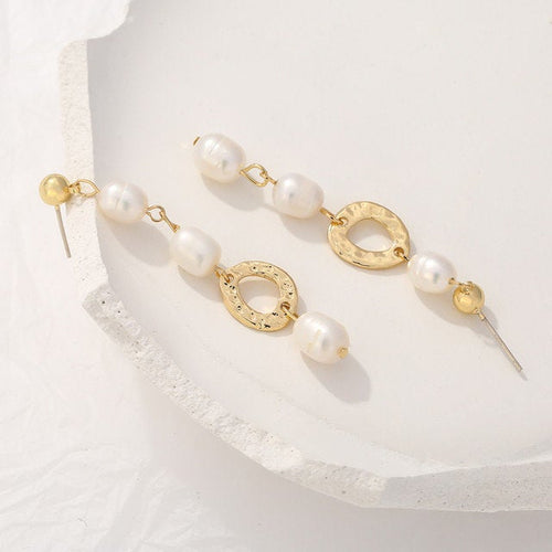 Long Gold Pearl Oval Earring
