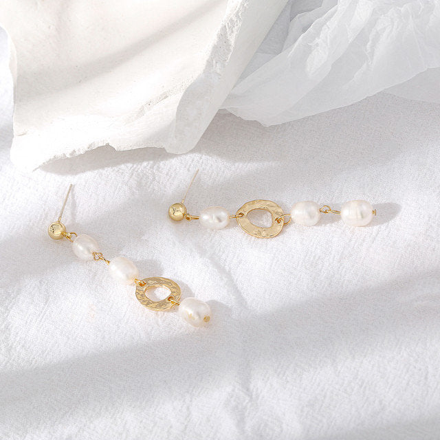 Long Gold Pearl Oval Earring