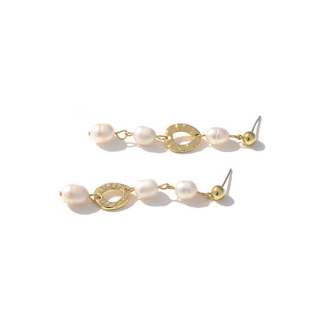 Long Gold Pearl Oval Earring