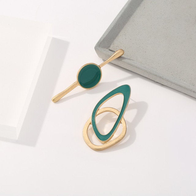 Mismatched Asymmetrical Gold Green Earring