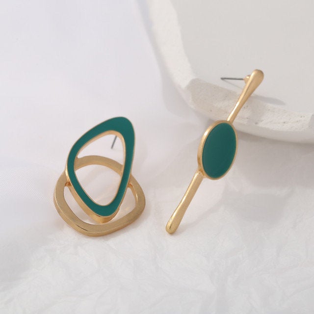 Mismatched Asymmetrical Gold Green Earring