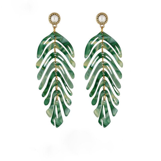 Palm Leaf Dangle Green Earring