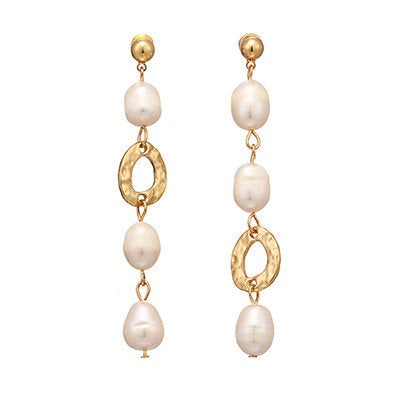 Long Gold Pearl Oval Earring