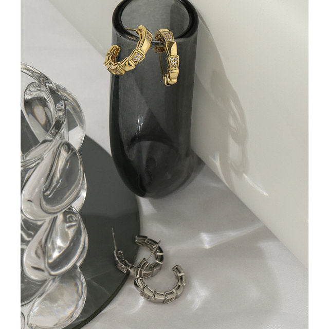 Crystal Ribbed Open Hoop Snake Earring