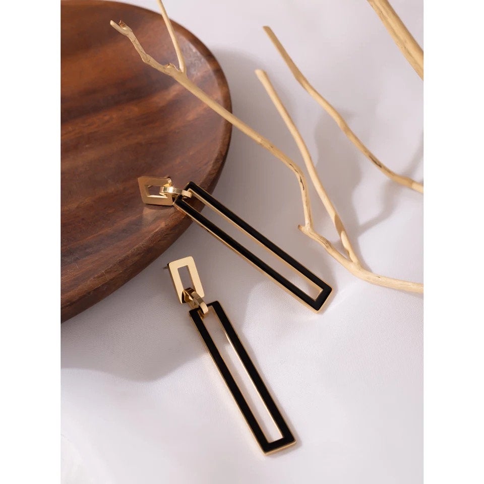 Black Gold Rectangle Dangle Earring