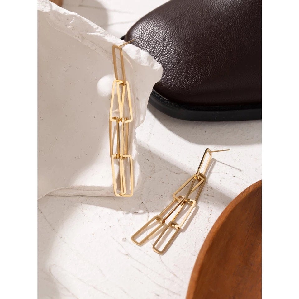Long Layered Rectangle Link Chain Earring