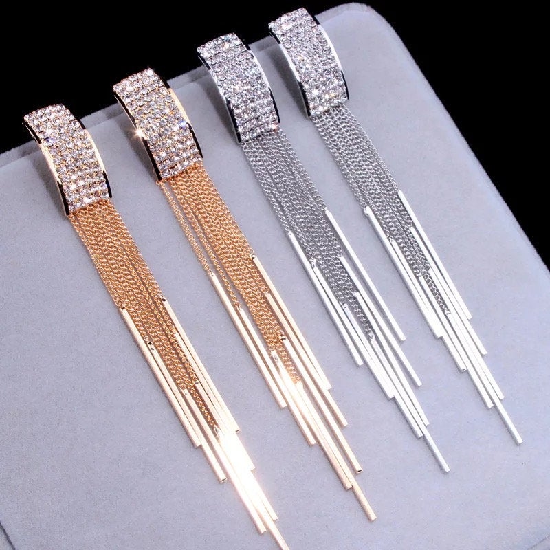 Crystal Rectangle Tassel Dangle Earring