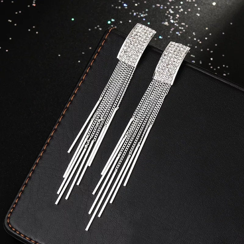 Crystal Rectangle Tassel Dangle Earring